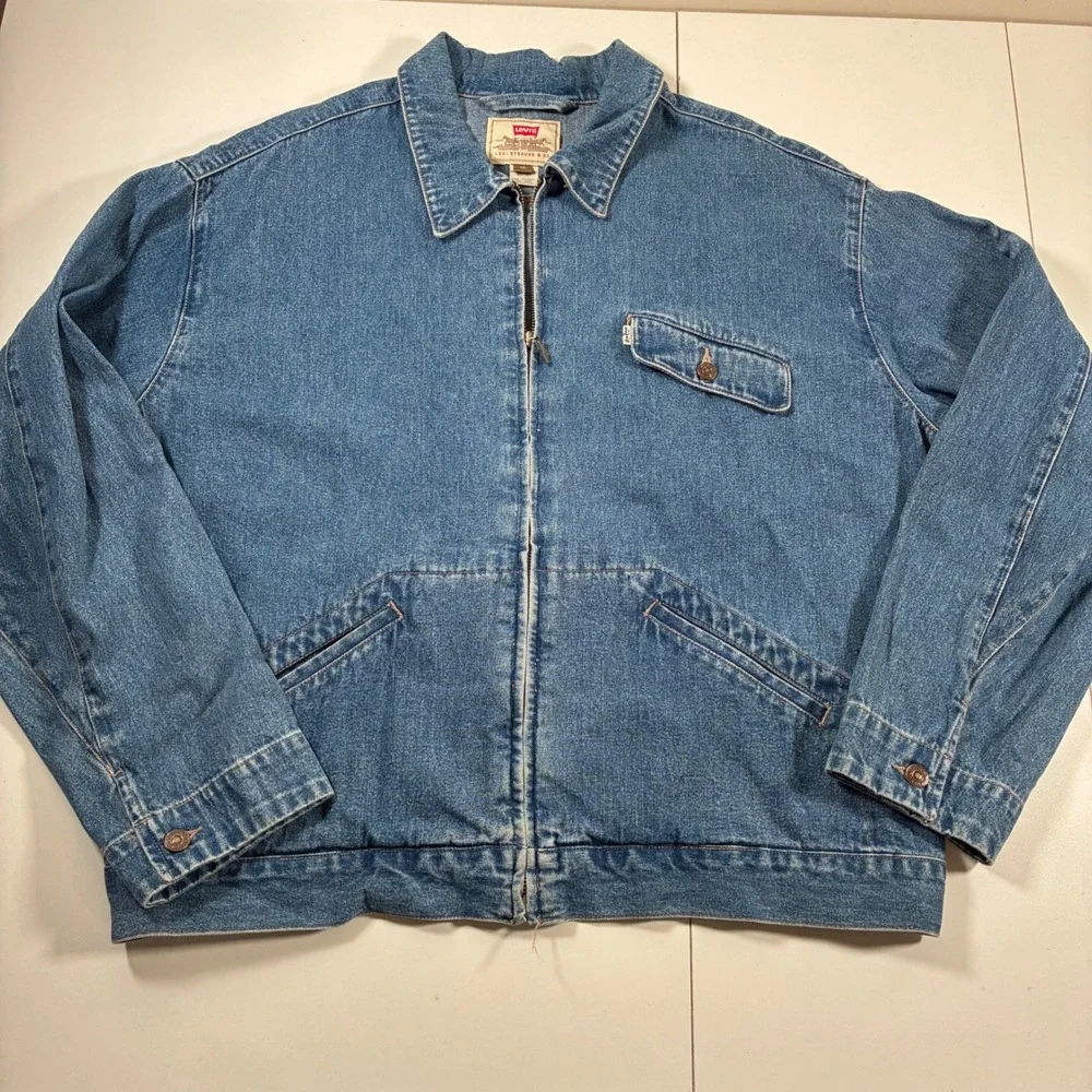 Vintage 1997 Levi's Denim Jacket XL Blue Full Zip Acid Graphic Back Patch Chore